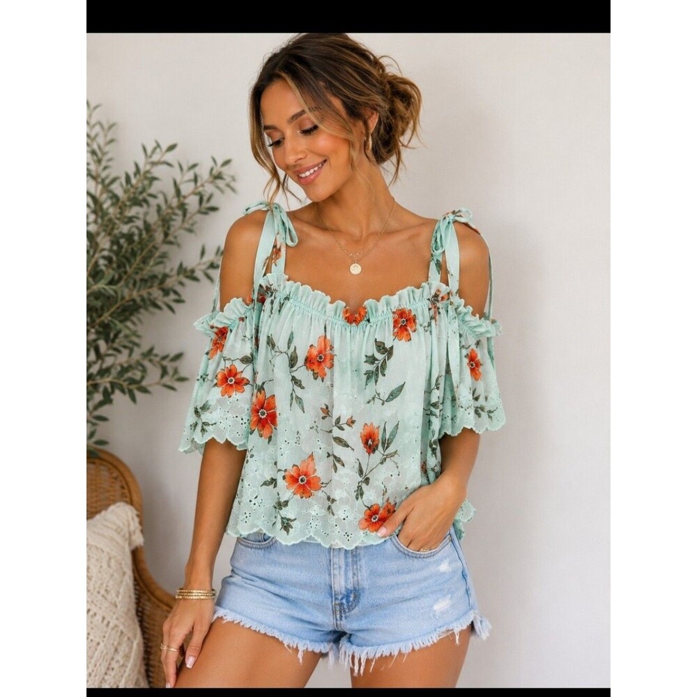 Dance & Marvel Mint Floral Eyelet Off Shoulder Tie Ruffle Top L Boho Cottagecore